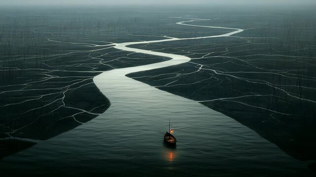 A group of Vikings travels along a winding river. The boat moves through calm waters, illuminated by a light. The sky is dark and hints at evening.