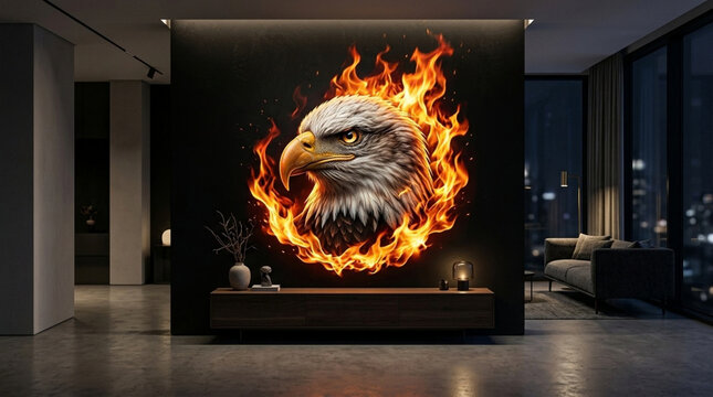Eagle head fire mural in a luxury minimalist living room interior