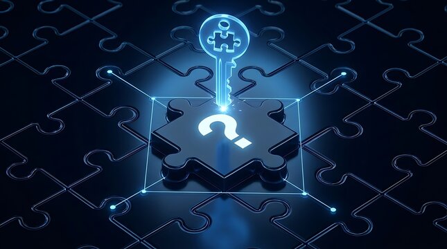 Illuminated key unlocks central puzzle piece with question mark on dark textured background symbolizing finding solution and solving complex problem or mystery.