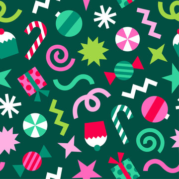 Colorful cute geometric elements seamless pattern design for Christmas and new year celebration background.