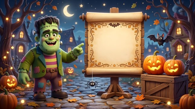 Frankenstein's monster presenting a blank scroll in a spooky halloween night scene