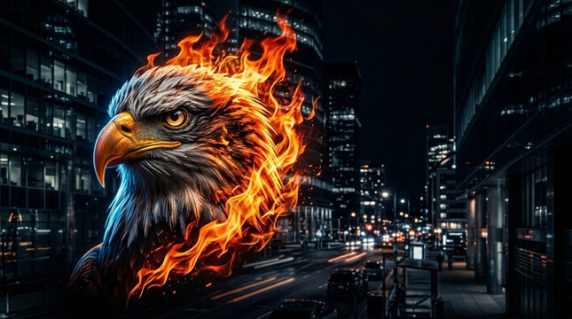 Majestic eagle head on fire against a dark night city background