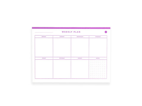 Perfect for productivity, organization, and planning your schedule. A clean, minimalist weekly plan desk pad with a modern purple grid dedicated space for Monday through Sunday on a white background.