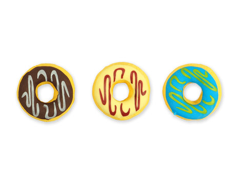 Three colorful, soft donut pet toys arranged in a row isolated on white background. The fun, vibrant designs feature yellow, brown, and bright blue icing. Top view, flat lay.