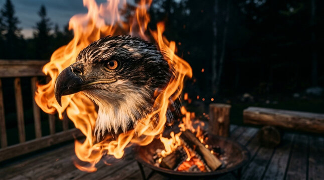 Majestic eagle head engulfed in intense orange flames at night