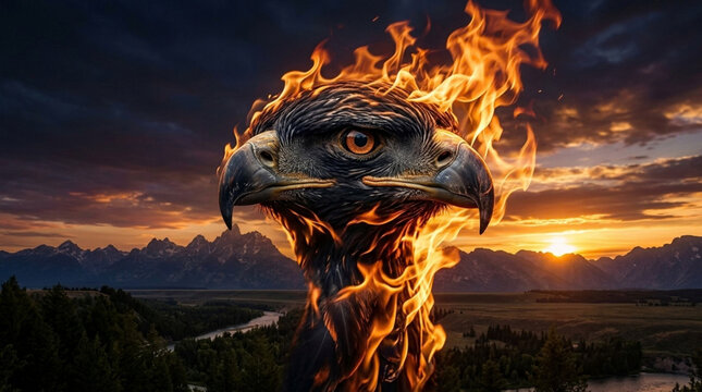 Mythical two headed eagle engulfed in flames at mountain sunset