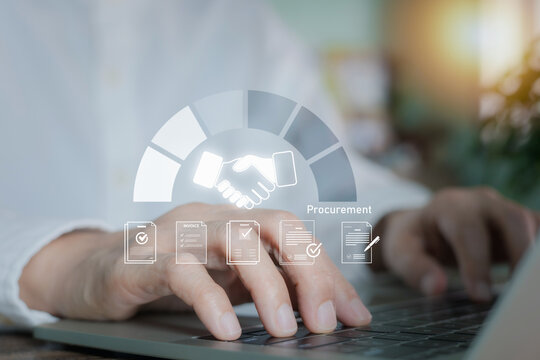 Close up of businessman hands typing on laptop with digital procurement hologram overlay. Concept of e-procurement, supply chain management, B2B contract agreement, and digital document approval.