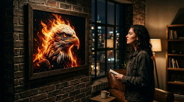 Woman admiring a majestic fire eagle painting in a cozy loft room
