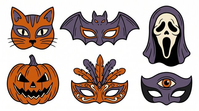 Halloween costume party mask flat vector illustration containing icons for cat bat spooky ghost face jack o lantern pumpkin masquerade feather mask and cyclops eye mask for autumn festival celebration