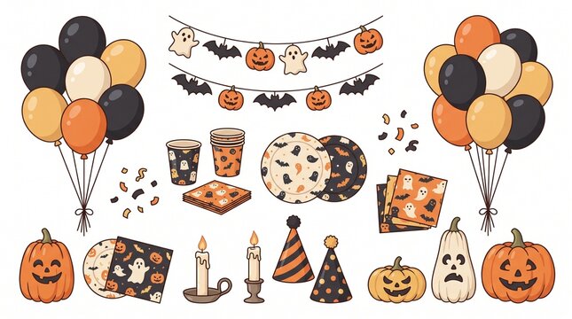 Halloween party decoration and festive element vector illustration. Featuring balloons carved pumpkins paper cups plates napkins candles and hanging garlands for autumn holiday design
