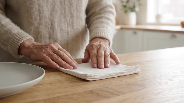 Older woman neatly folds white table napkin with both hands. Cloth takes shape beside plate as she smooths its edges, bringing quiet care to everyday kitchen preparation. She presses each fold flat.