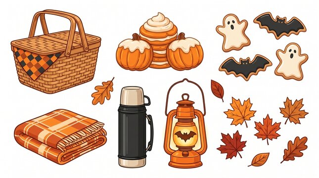 Halloween autumn picnic vector illustration set containing wicker basket plaid blanket thermos flask vintage lantern ghost cookies bat cookies cupcakes and falling leaves for seasonal projects