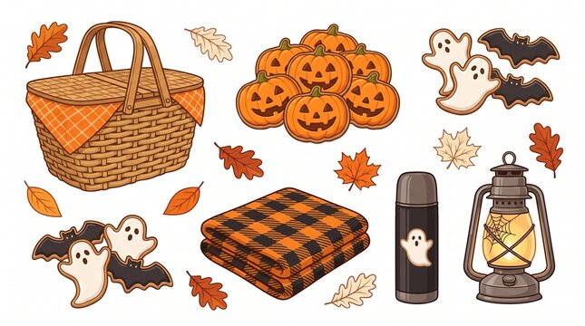 Autumn picnic elements. Wicker basket. Jack o lantern cookies. Ghost cookies. Bat cookies. Plaid blanket. Thermos. Vintage lantern. Maple leaves. Fall seasonal design vector graphic element