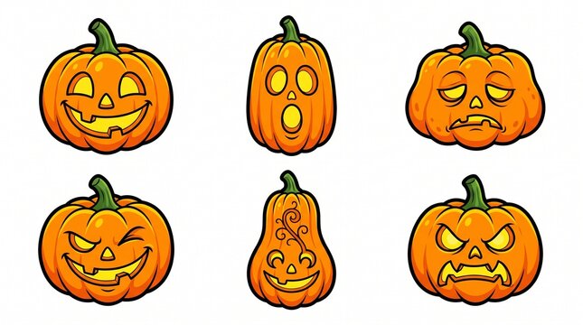 Halloween Jack o lantern vector illustration containing icons for smiling face surprised expression sleepy pumpkin winking carving ornate gourd and angry goblin for seasonal celebration
