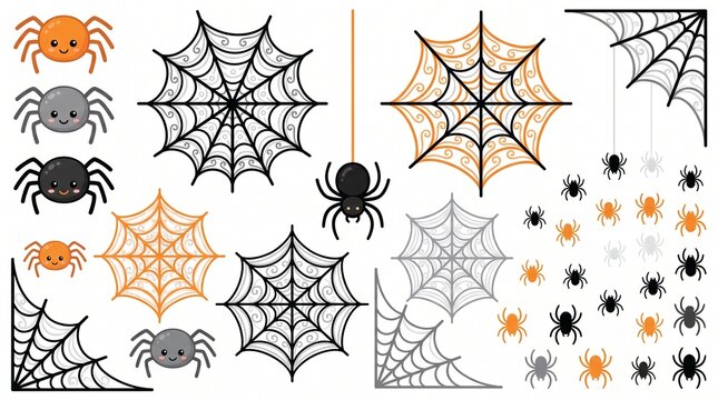 Halloween party decor and cute spiders vector illustration set containing cute spiders and cobwebs for spooky autumn seasonal holiday invitations and spooky graphic design projects
