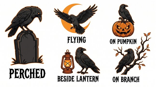 Halloween crow and raven vector illustration set. Featuring perched bird on tombstone flying crow with moon raven on pumpkin bird beside lantern and crow on tree branch for seasonal projects