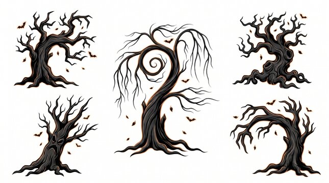 Spooky Halloween dead trees vector collection. Featuring twisted branches eerie facial expressions flying bats and falling leaves. Creepy haunted forest plant elements for graphic design projects
