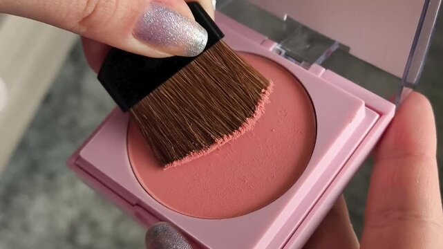 The woman uses a brush to take blush from the palette., representing fresh-looking skin, natural cheek color and cosmetic application.