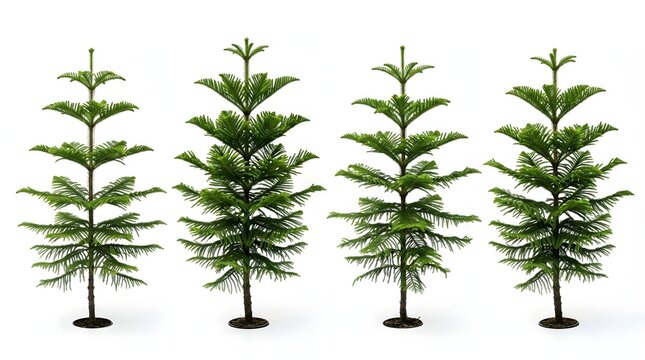 Four realistic norfolk island pine trees isolated on white background