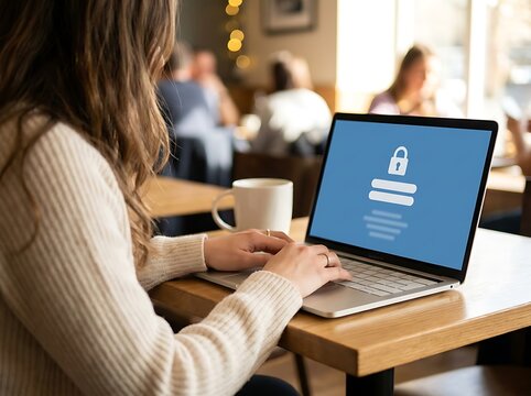 Casual woman working on modern laptop computer with secure website login screen interface on wooden table next to white coffee mug inside blurred cafe background.