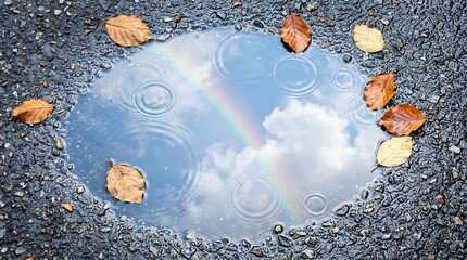 Fototapeta premium Autumn leaves float on a puddle reflecting a rainbow and clouds on a wet asphalt surface.
