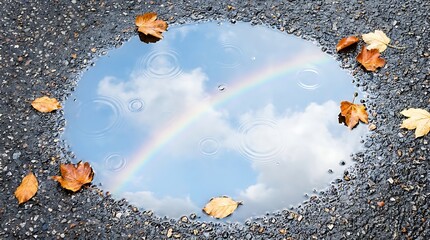 Fototapeta premium Autumn leaves float on puddle reflecting rainbow and clouds on wet asphalt surface after rain.