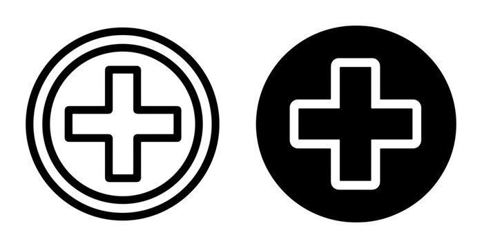 Medical cross icons set with plus symbol for health and first aid, app and web