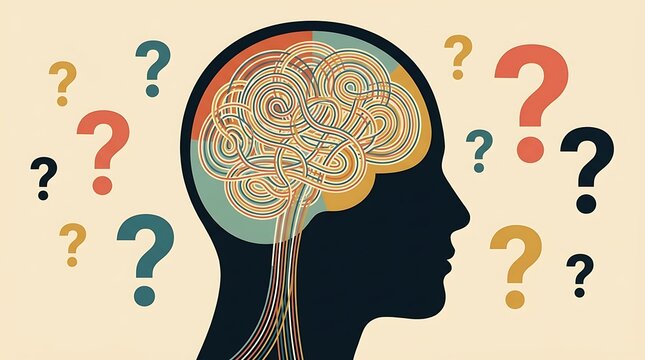 Abstract illustration of human head profile with intricate brain design and surrounding question marks symbolizing thoughts and confusion in a concept for cognitive processes.