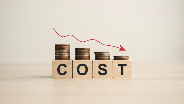 Four wooden blocks spelling C O S T with decreasing coin stacks and red arrow cost savings