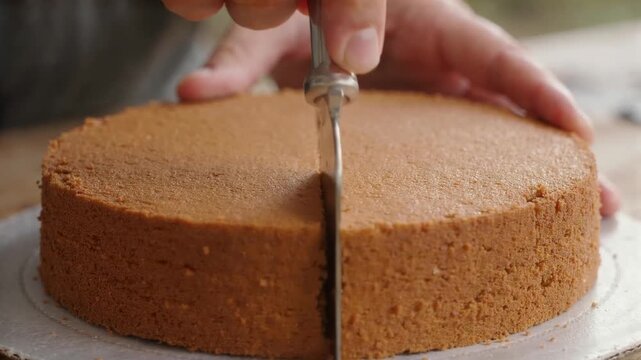 Cake knife descending through a plain sponge cake