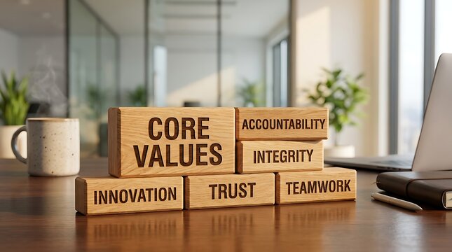 Wooden blocks with core values like accountability, integrity, trust, innovation, and teamwork arranged on office desk.
