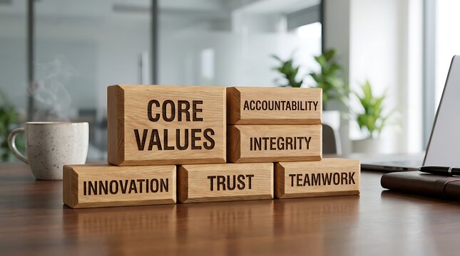Wooden blocks with core values like accountability, integrity, innovation, trust, and teamwork.