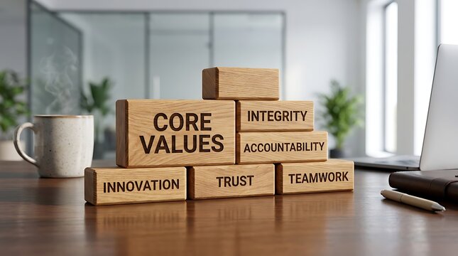 Wooden blocks with core values like accountability, integrity, trust, innovation, and teamwork arranged on office desk.