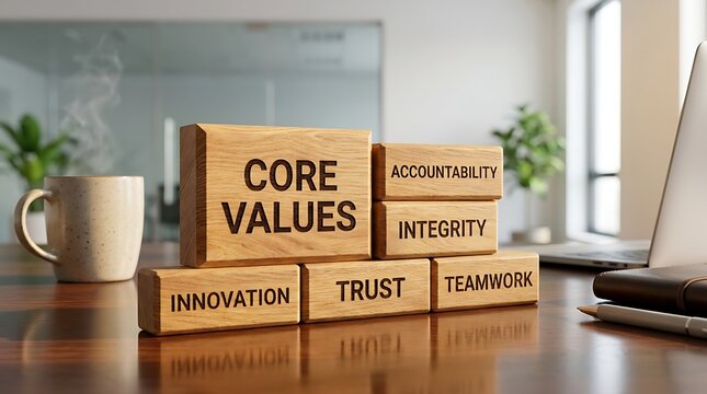 Wooden blocks with core values like accountability, integrity, trust, innovation, and teamwork arranged on office desk.