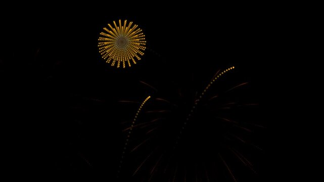 Golden animated firework display and pyrotechnics with sparkling bursts on a black background - overlay for VFX editing, holidays, concerts, weddings, and shows.