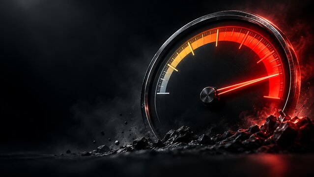 Abstract of a pressure gauge needle in the red zone against a dark background, symbolizing near-breaking point