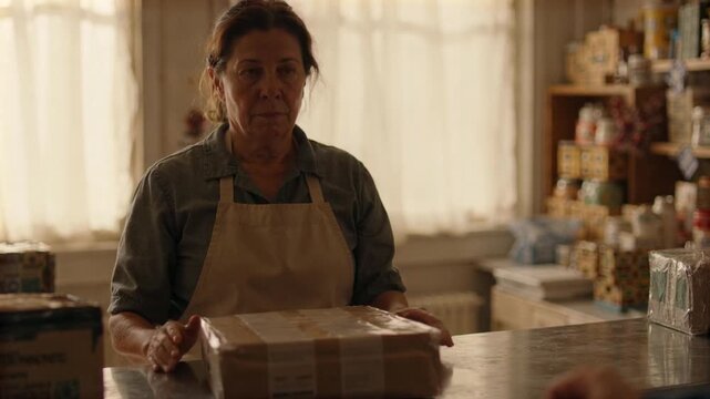 Middle-aged woman handing a sealed parcel across a counter