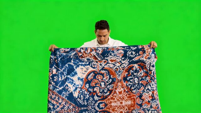 Local artisan craft worker holding colorful fabric with intricate floral textile patterns green