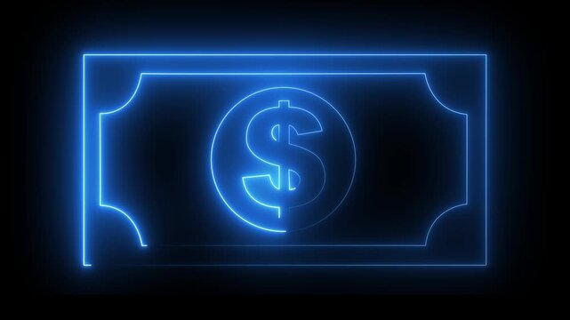 glowing neon dollar banknote icon animation on black background. dollar banknote icon. stacked dollar bills representing finance, banking, savings, and economic wealth concept. 