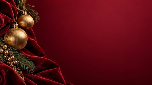 Elegant Burgundy Red Velvet Christmas Background with Hanging Gold Baubles and Pine Branches