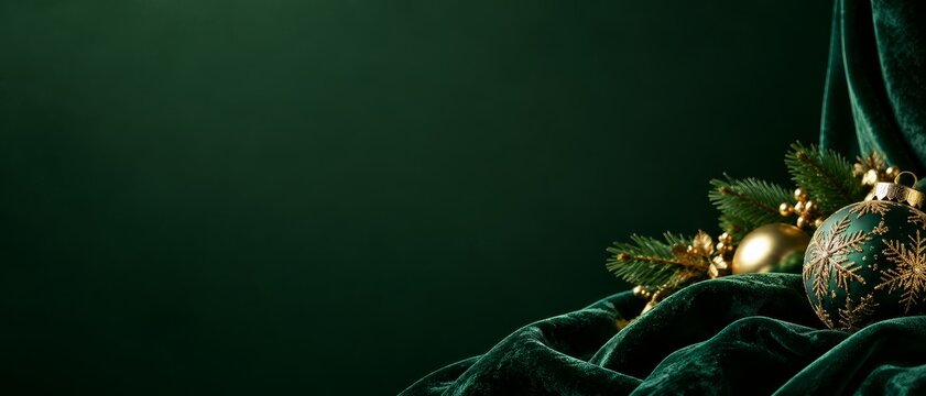 Elegant Emerald Green Velvet Christmas Banner with Gold Ornaments and Pine Branches on Right