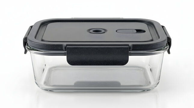 Glass food storage container with airtight black locking lid.