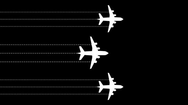 Airplane squadron fleet flying animation with formation flight path and synchronized aerial movement