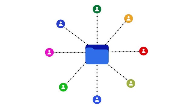 Shared folder network connecting multiple user avatars animation with collaborative file synchronization