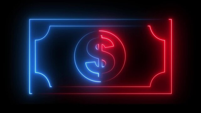 glowing neon dollar banknote icon animation on black background. dollar banknote icon. stacked dollar bills representing finance, banking, savings, and economic wealth concept. 