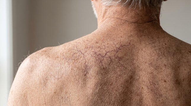 Close up of senior man back displaying spider veins and broken capillaries skin condition