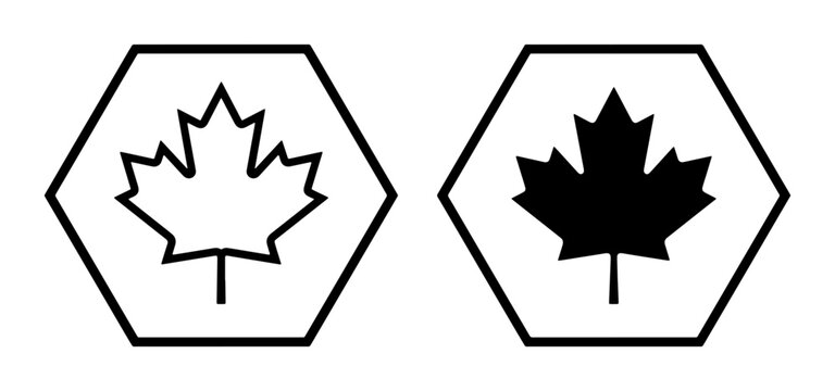 Maple leaf icon set with outline and solid shapes for Canadian themes, logos and signage