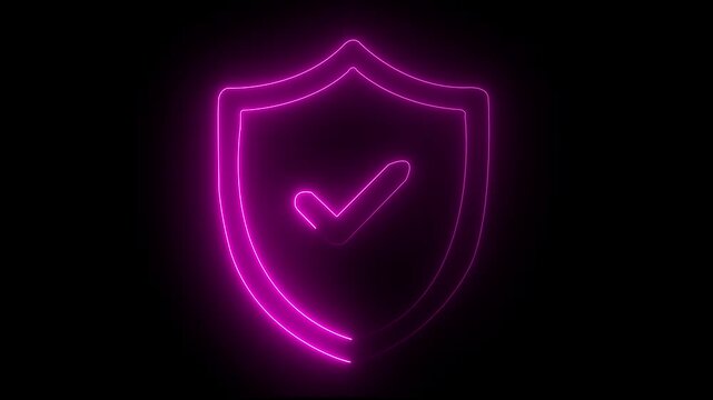 Glowing neon check mark icon animation. Neon Yes mark icon . Glowing neon line Shield check mark with check mark icon isolated on black background & pink color Video motion graphic ..