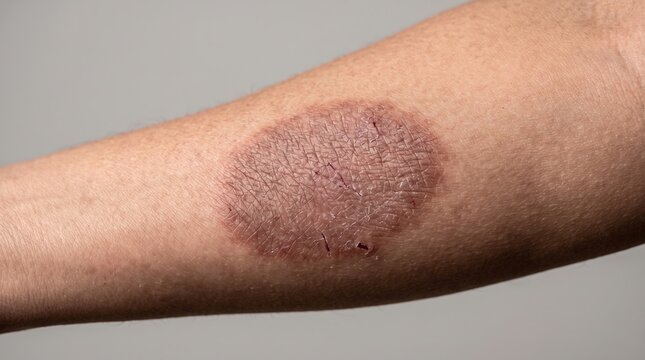 Large circular dry and hyperpigmented nummular eczema or ringworm patch on an arm