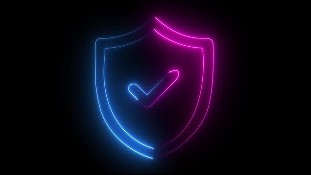 Glowing neon check mark icon animation. Neon Yes mark icon . Glowing neon line Shield check mark with check mark icon isolated on black background & blue, pink color Video motion graphic ..